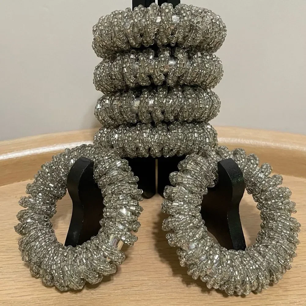 Glass Beaded Sparkly Silver Napkin Rings Holiday Special Occasion Party Set of 6